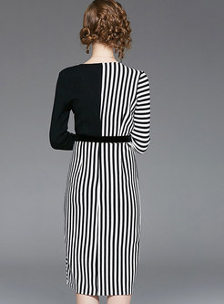Stylish V-neck Hit Color Striped Sheath Split Dress