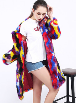 Lapel Multicolor Knee-length Faux Fur Coat