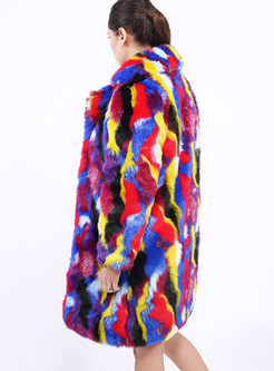 Lapel Multicolor Knee-length Faux Fur Coat