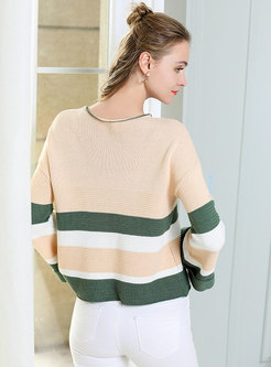 Color-blocked Flare Sleeve O-neck Loose Sweater