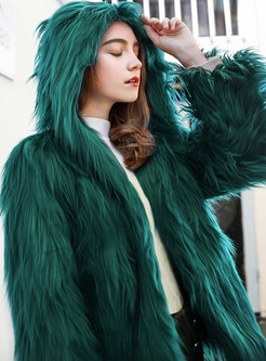 Green Winter Long Sleeve Faux Fur Coat
