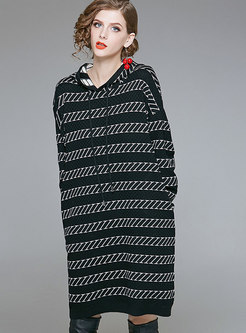 Brief Hooded Striped Loose Dress With Drawstring 