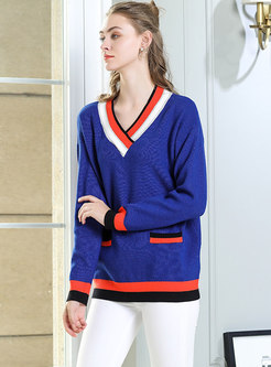 Chic Color-blocked V-neck Loose Pullover Sweater