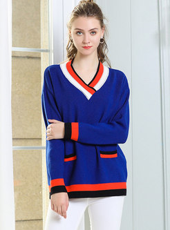 Chic Color-blocked V-neck Loose Pullover Sweater