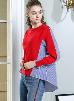 Striped Splicing O-neck Asymmetric Sweater