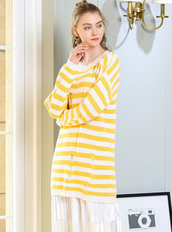 Trendy Striped Holes O-neck Knitted Sweater