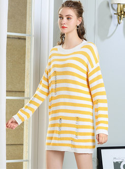 Trendy Striped Holes O-neck Knitted Sweater
