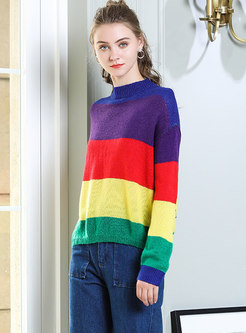 Fashionable Hit Color O-neck Loose Sweater 