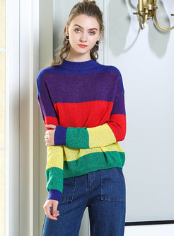 Fashionable Hit Color O-neck Loose Sweater 