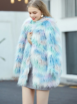 Winter V-neck Color-blocked Faux Fur Coat