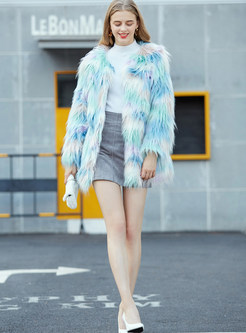 Winter V-neck Color-blocked Faux Fur Coat