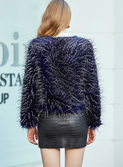 Blue O-neck Long Sleeve Faux Fur Coat