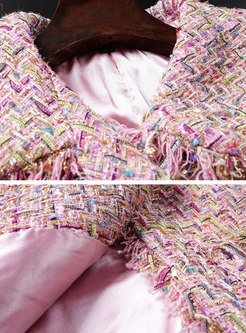 Trendy Pink Tweed Fringed Coat & Wrap Sheath Midi Skirt