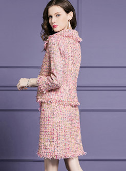 Trendy Pink Tweed Fringed Coat & Wrap Sheath Midi Skirt