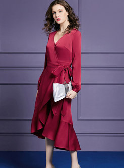 Trendy Wine Red V-neck Tie-waist Falbala Hem Dress