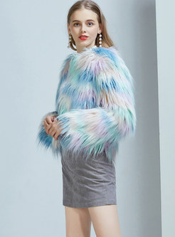 Sweet Color-blocked Long Sleeve Faux Fur Coat