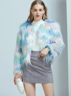 Sweet Color-blocked Long Sleeve Faux Fur Coat