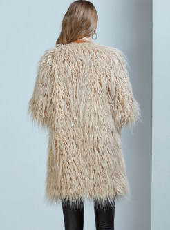 Khaki Long Sleeve Slim Faux Fur Coat
