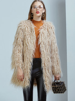 Khaki Long Sleeve Slim Faux Fur Coat
