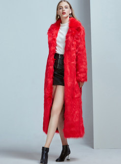 Notched Collar Long Sleeve Faux Shearling Coat