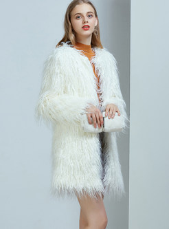 Brief White O-neck Straight Faux Shearling Coat