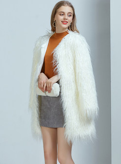 Brief White O-neck Straight Faux Shearling Coat