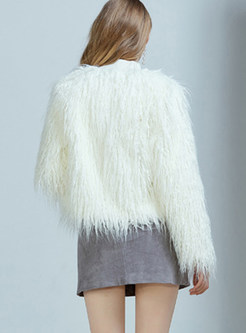 White V-neck Long Sleeve Cardigan Faux Fur Coat