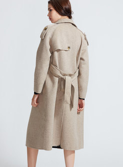 Trendy Beige Elegant Belted Wool Coat