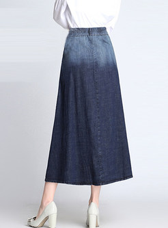 Elastic Waist Mid-claf Denim A Line Skirt