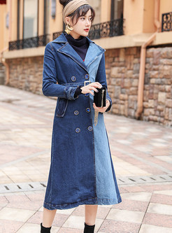 Color-blocked Notched Waist Denim Trench Coat