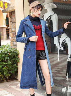 Color-blocked Notched Waist Denim Trench Coat