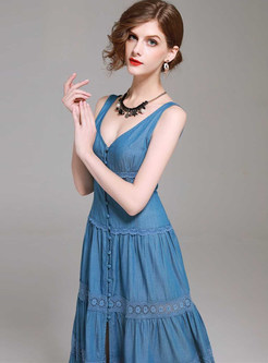 Casual V-neck Sleeveless Stitching Slit Dress