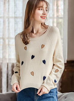 Stylish Apricot Crew-neck Heart Pattern Knitted Sweater