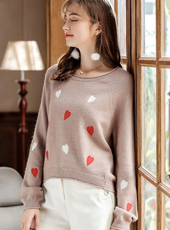 Stylish Crew-neck Heart Pattern Knitted Sweater