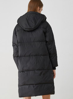 Fashion Black Hooded Knee-length Down Coat