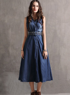 Turn Down Collar Sleeveless Belted Embroidered Dress