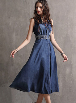 Turn Down Collar Sleeveless Belted Embroidered Dress
