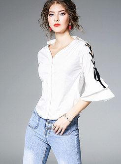White V-neck All-matched Single-breasted Blouse