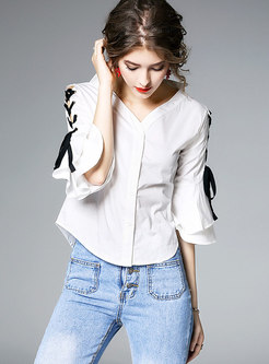 White V-neck All-matched Single-breasted Blouse