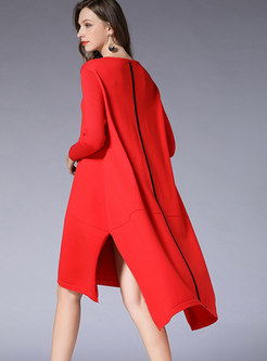 Fashion Red Crew-neck Asymmetric Knitted Dress