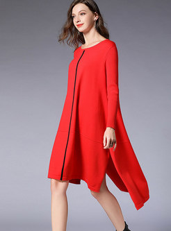 Fashion Red Crew-neck Asymmetric Knitted Dress