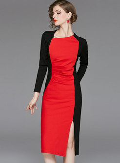 Color-blocked Long Sleeve Slit Bodycon Dress