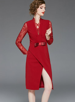 Fashion Stitching Lace Split Bodycon Dress