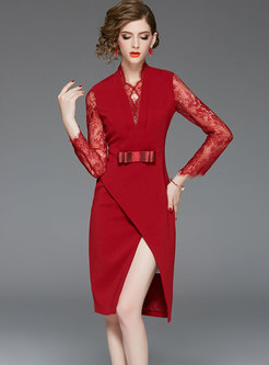 Fashion Stitching Lace Split Bodycon Dress