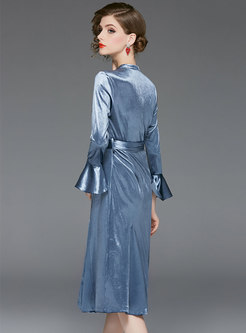 Trendy Grey Flare Sleeve Velvet Gathered Waist A Line Dress
