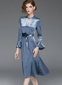 Trendy Grey Flare Sleeve Velvet Gathered Waist A Line Dress