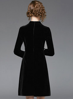 Vintage Stand Collar Velvet Asymmetric A Line Dress