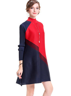 Stylish Red Standing Collar Hit Color Shift Dress