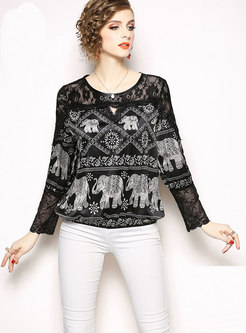 Long Sleeve Lace Patchwork Print Pullover Top