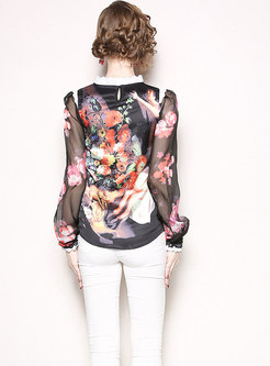 Print Mock Neck Perspective Pullover Blouse
